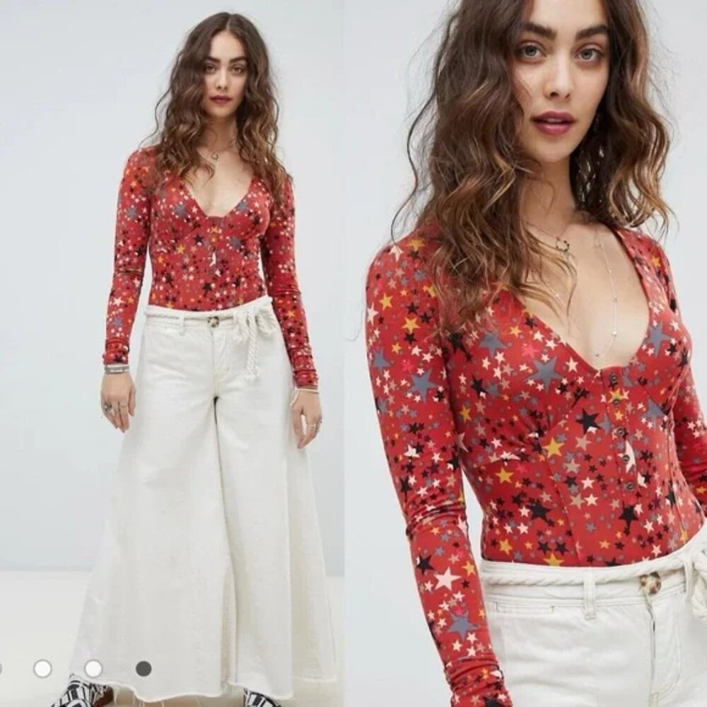 Free People Intimately Girls Like Us Stars Bodysuit In Red Star Motif Size M EUC